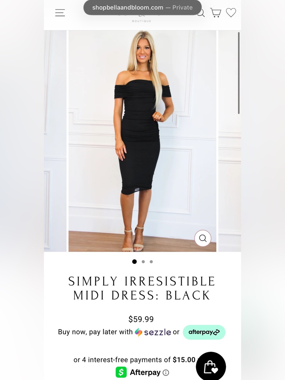 Bella & Bloom Simply Irresistible Black Off Shoulder Ruched Midi Dress